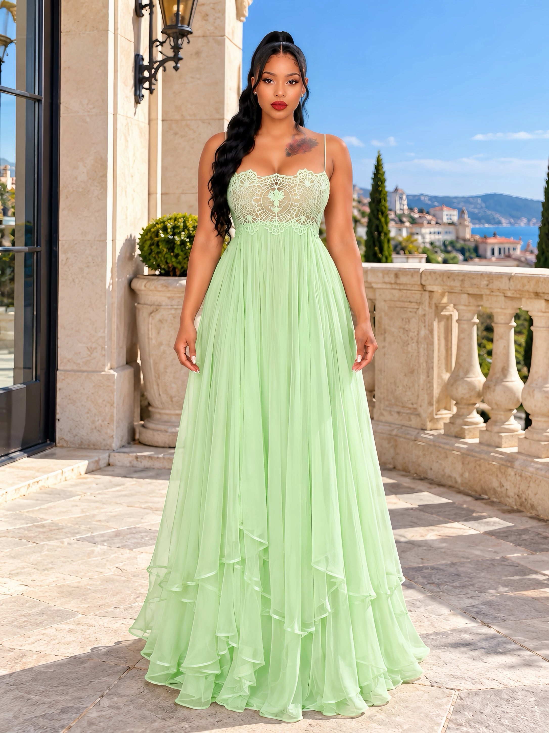 Celeste Mint Lace Chiffon Maxi Dress