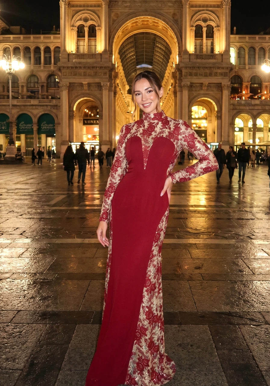 Long Sleeve Floral Lace Maxi Dress Burgundy