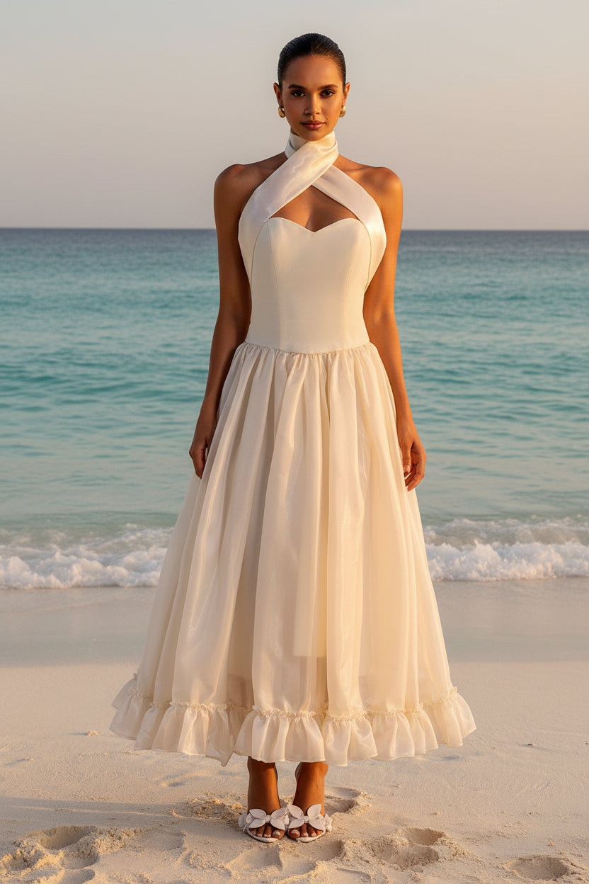 Formal Dress Halter Slim Fit Slimming Pleated Tie Solid Color Dress