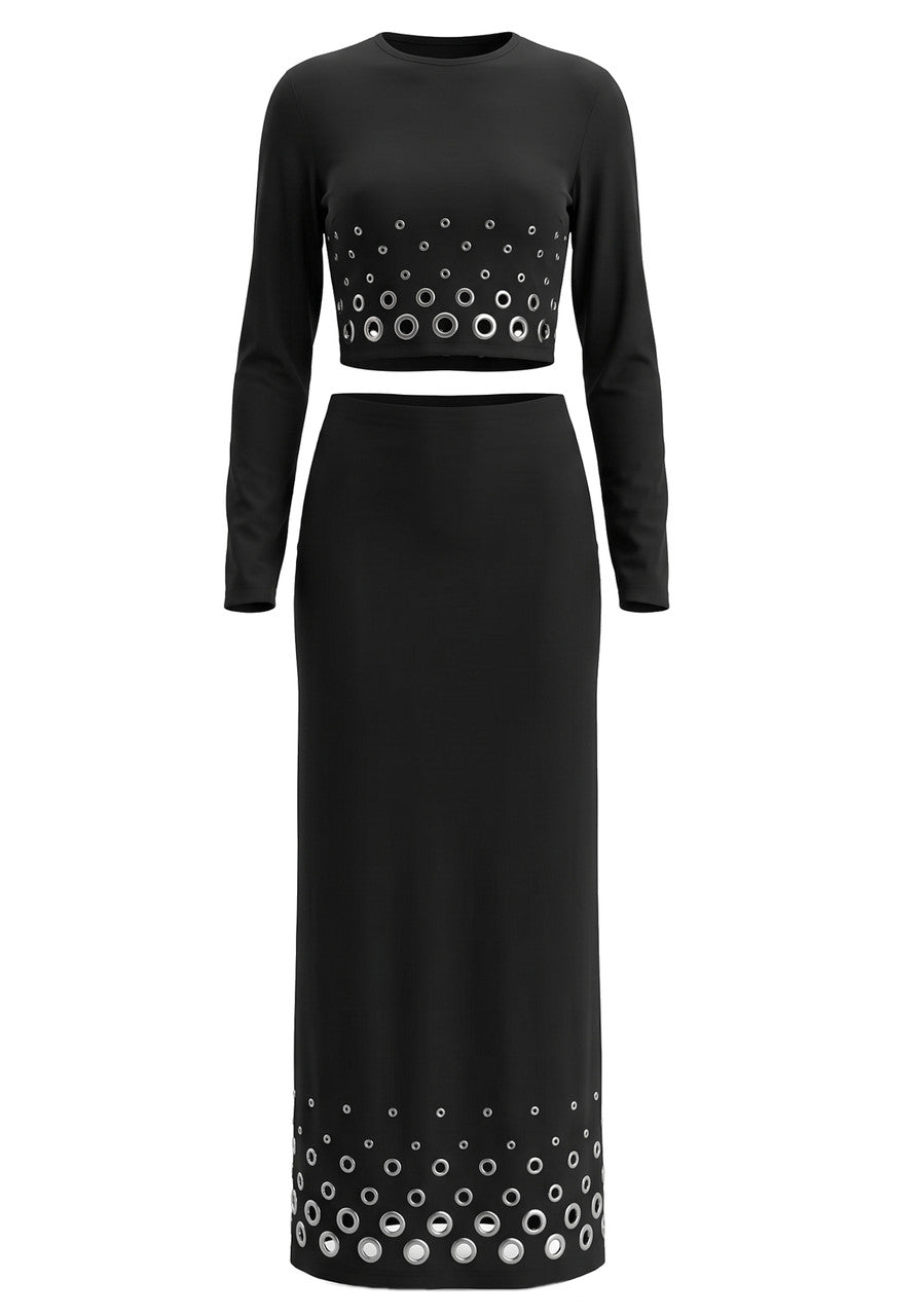 Long Sleeve Cut Out Detail Two Piece Maxi Dress Black