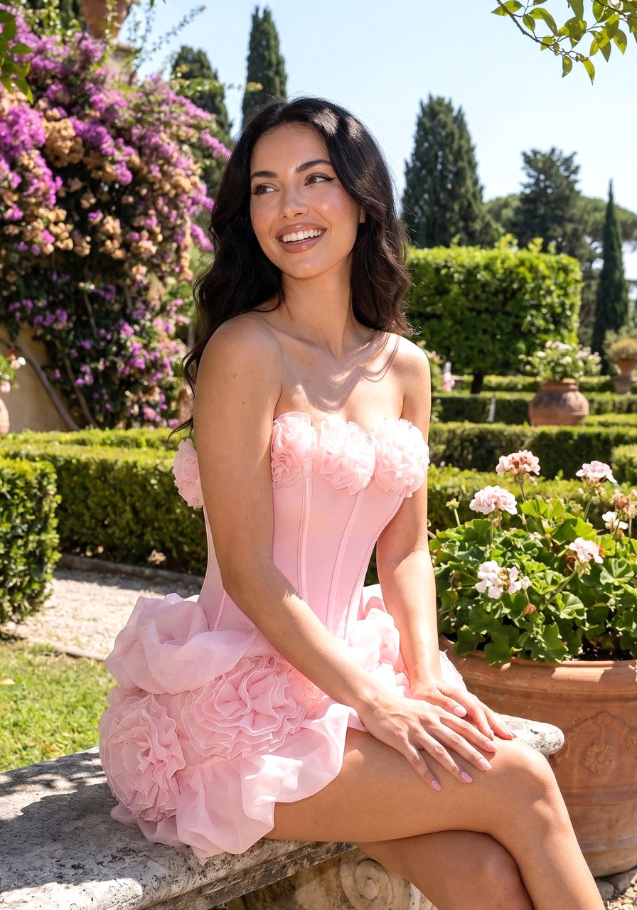 Strapless Floral Structured Dress Pink