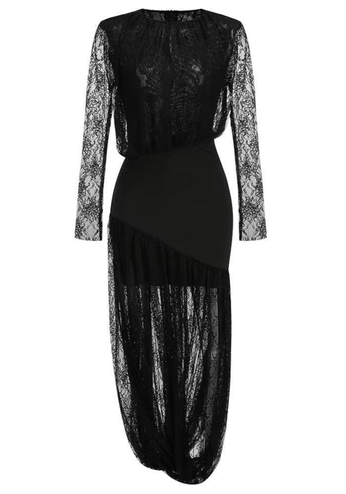 Long Sleeve Draped Lace Midi Dress Black