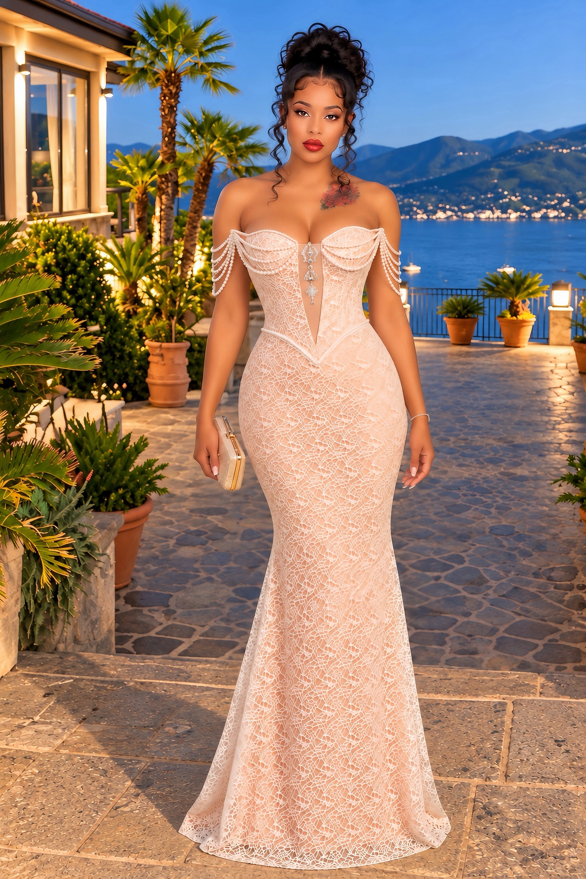 Strapless Pearl Bustier Maxi Dress White