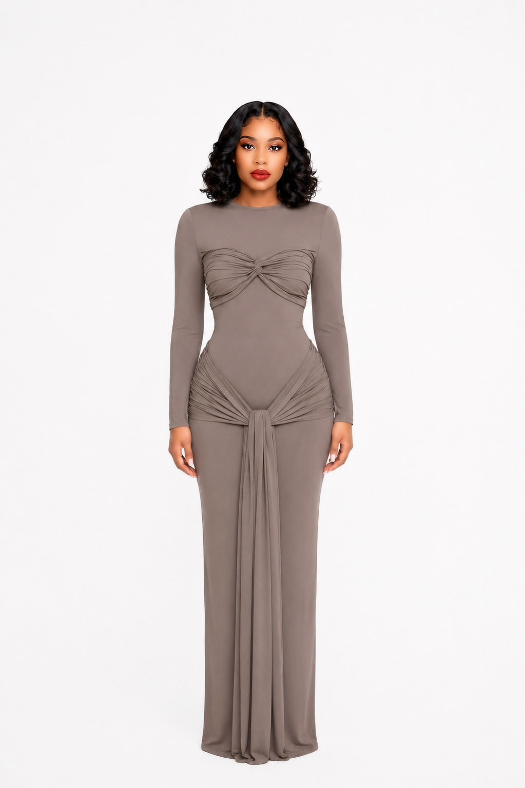 Long Sleeve Draped Detail Maxi Dress Brown