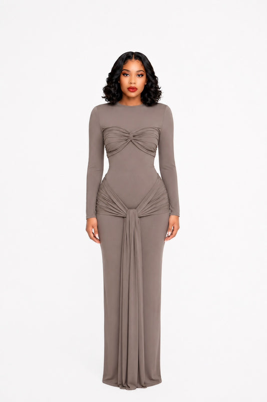 Long Sleeve Draped Detail Maxi Dress Brown