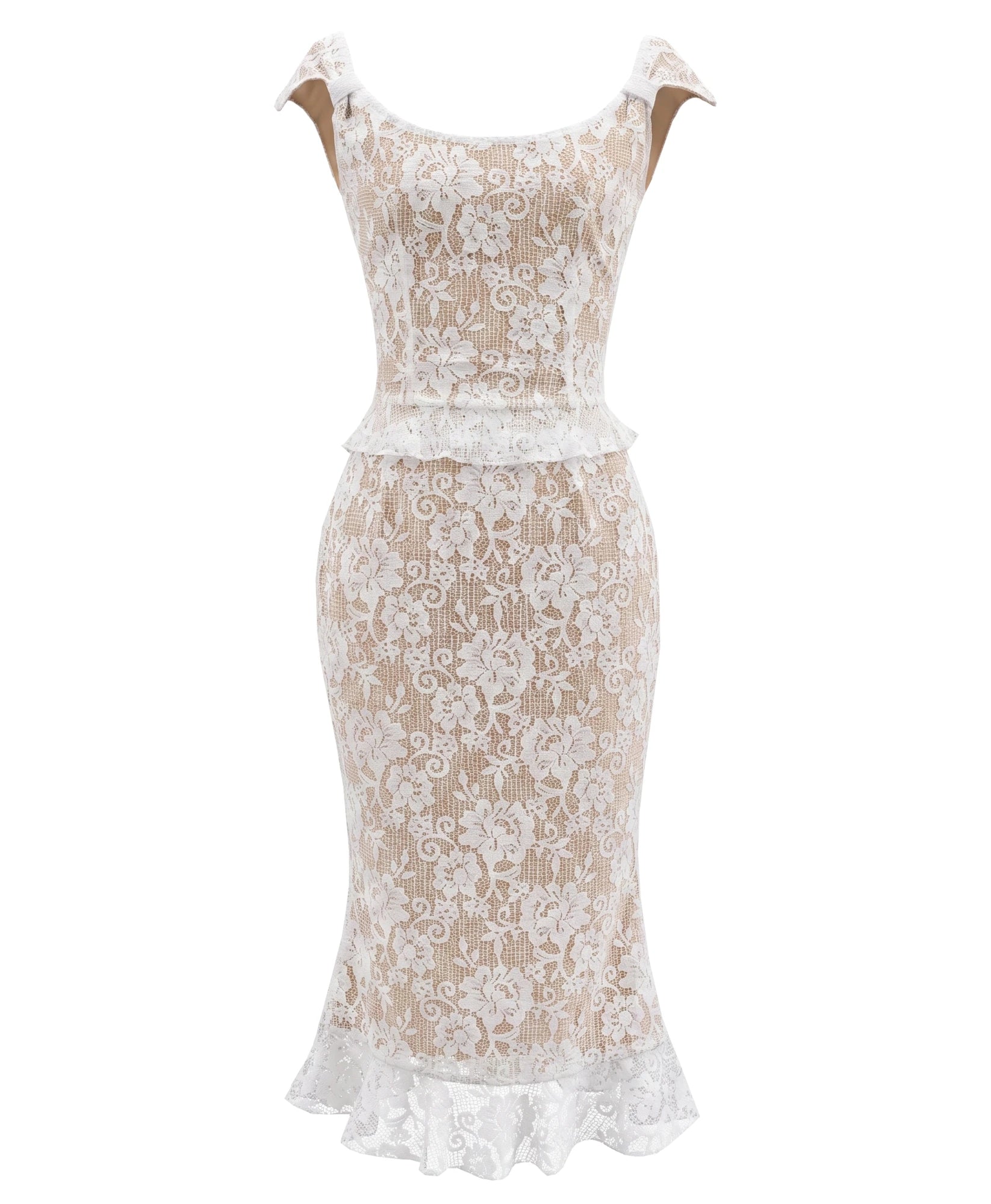 Lace Fluted Midi Dress White
