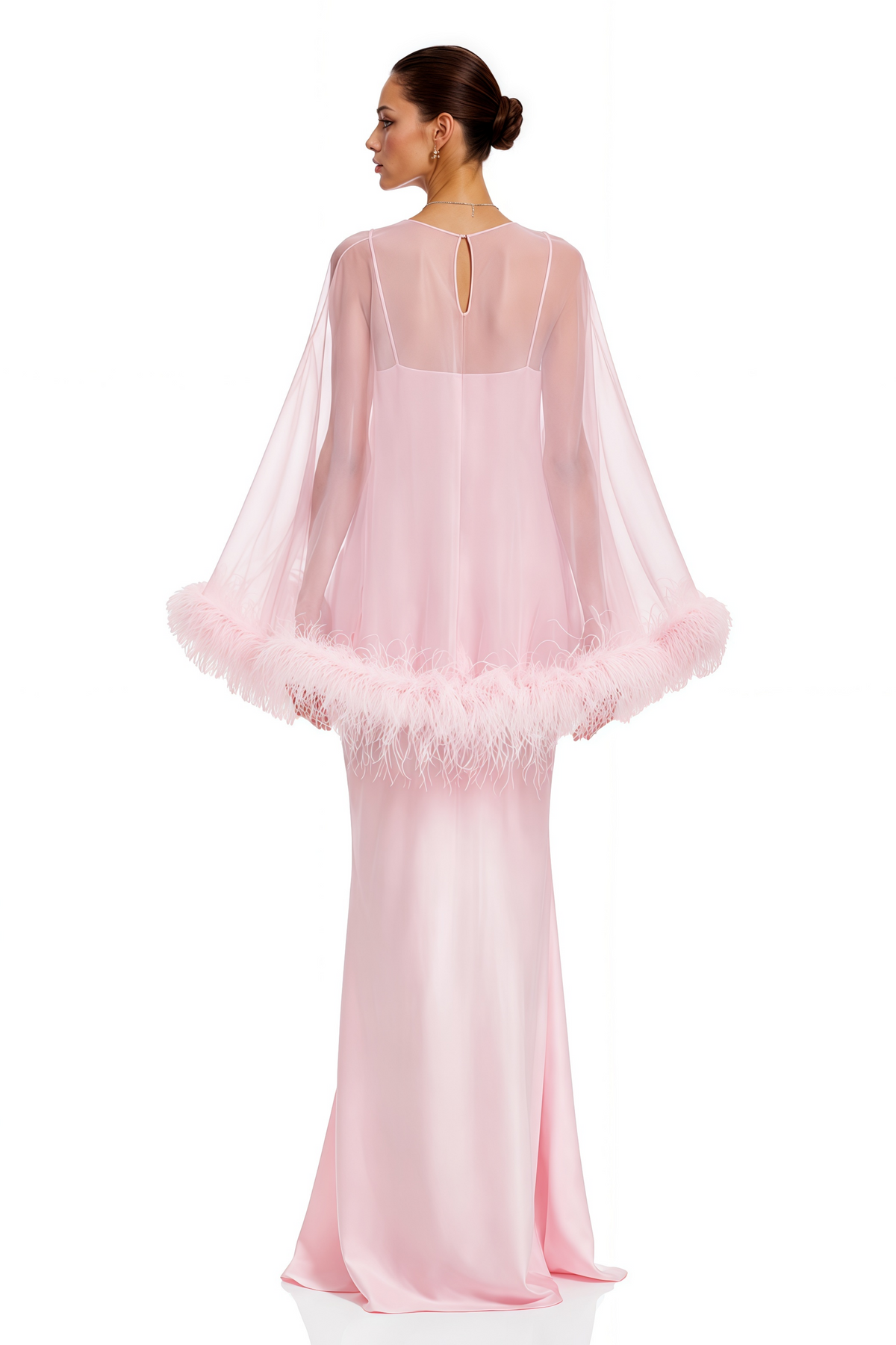 Pink Maxi Dress & Shawl Set with Feather Trim