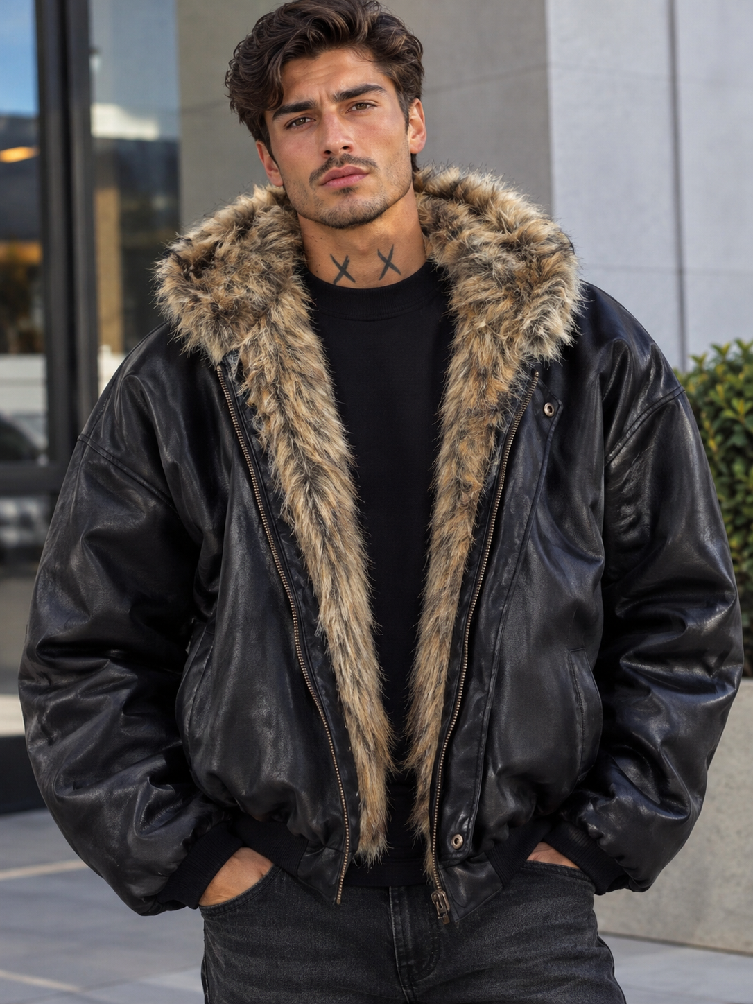 Men's Reversible Faux Leather Bomber Jacket with Plush Fur Lining