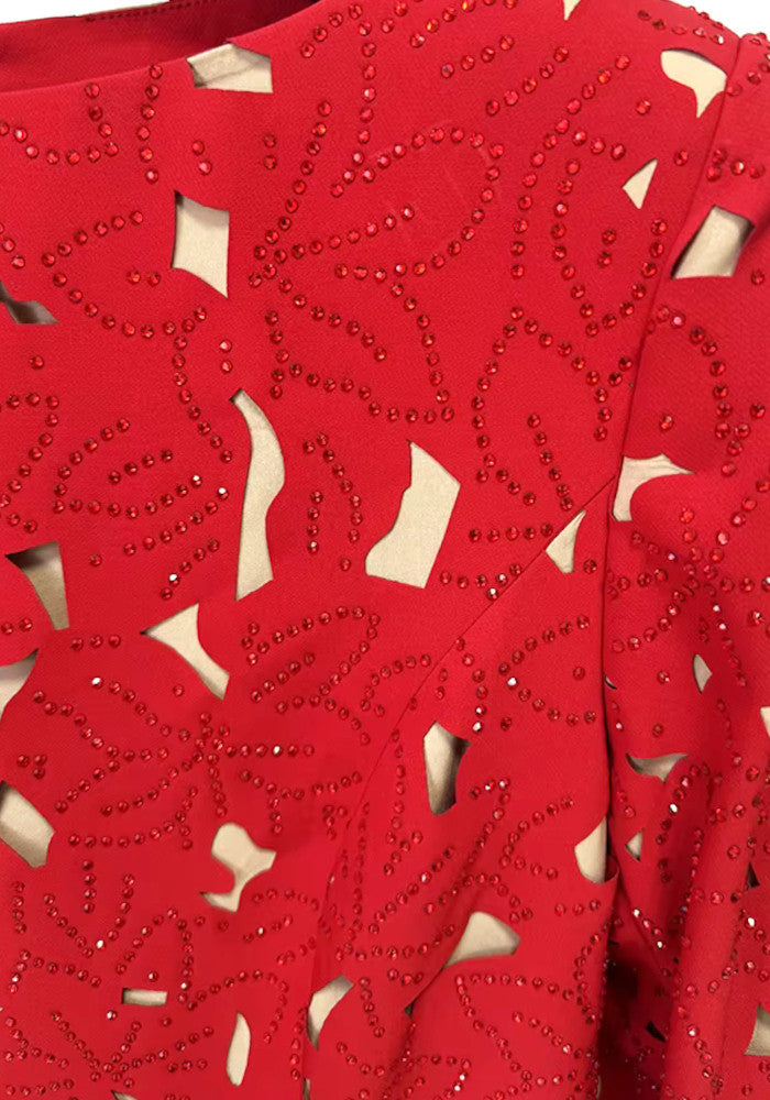Long Sleeve Embellished Laser Cut Out Maxi Dress Red