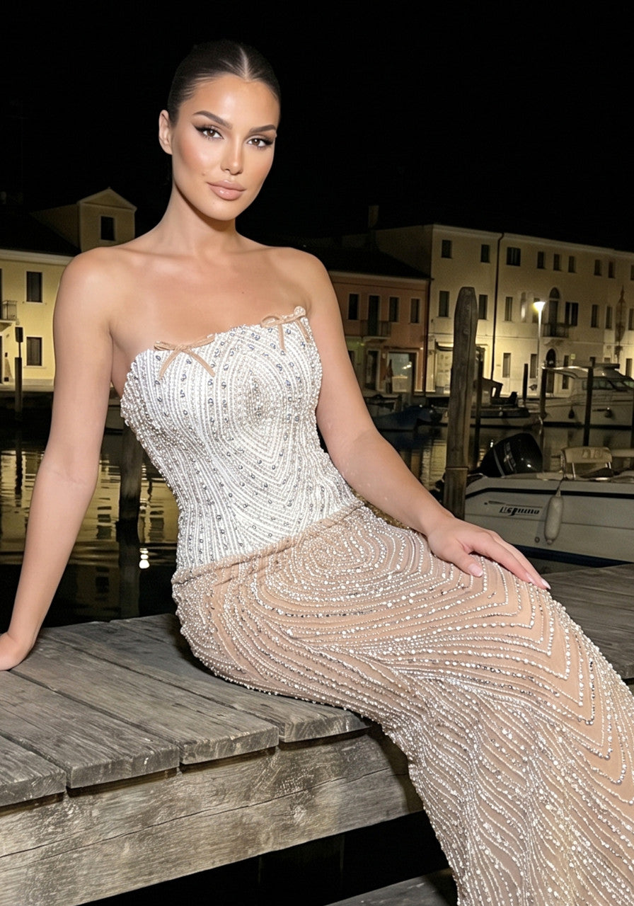 Strapless Embellished Maxi Dress Nude