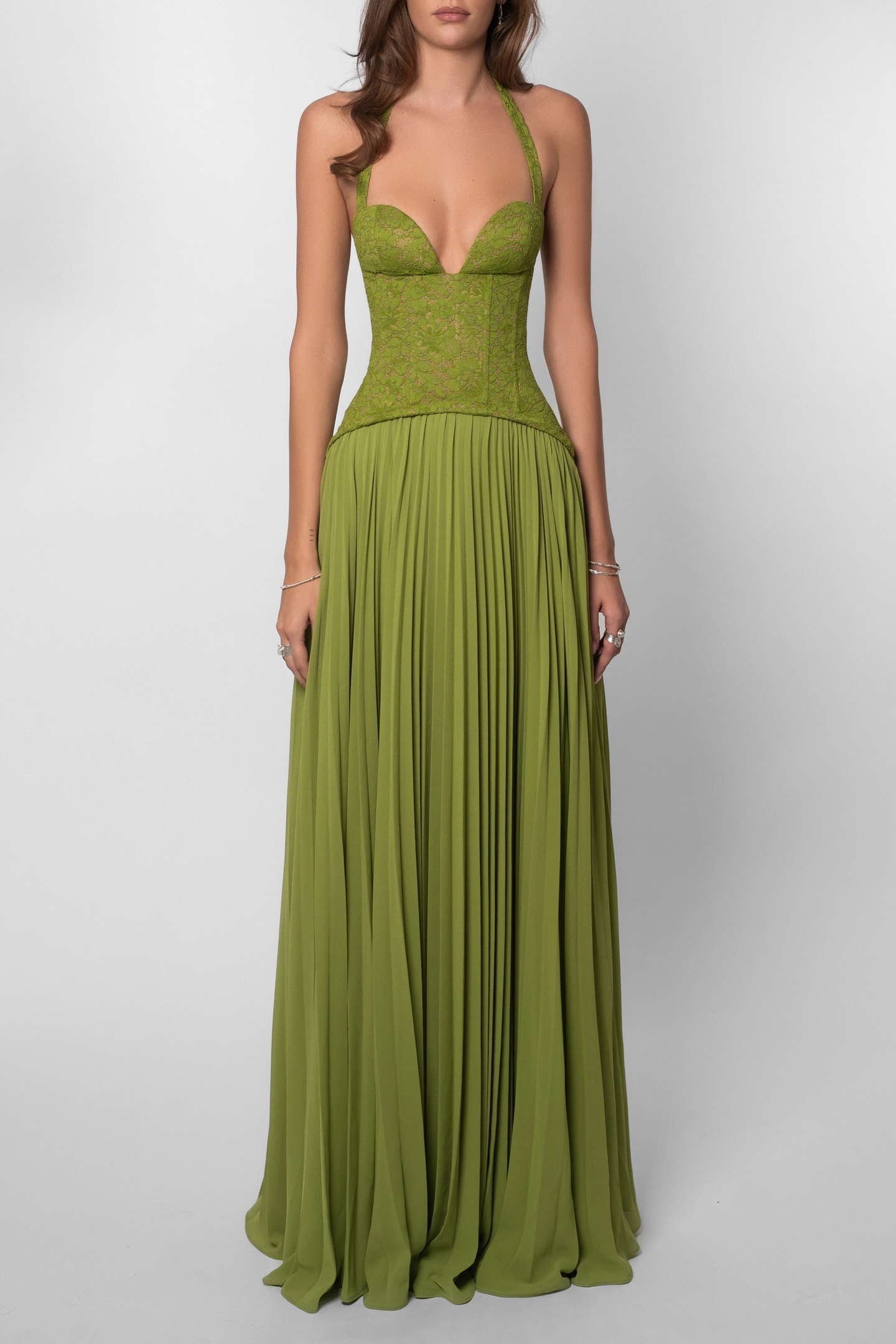 Amara Olive Lace Corset Maxi Dress