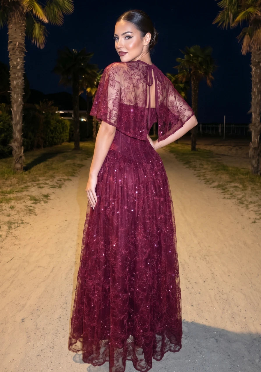 Lace Cape Strapless A Line Maxi Dress Burgundy