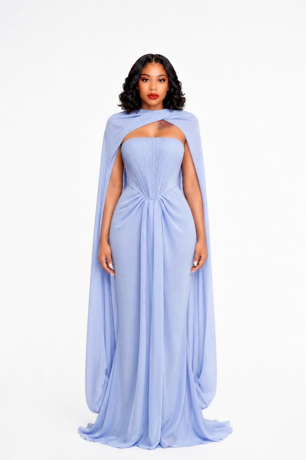 Strapless Draped Cape Maxi Dress Blue