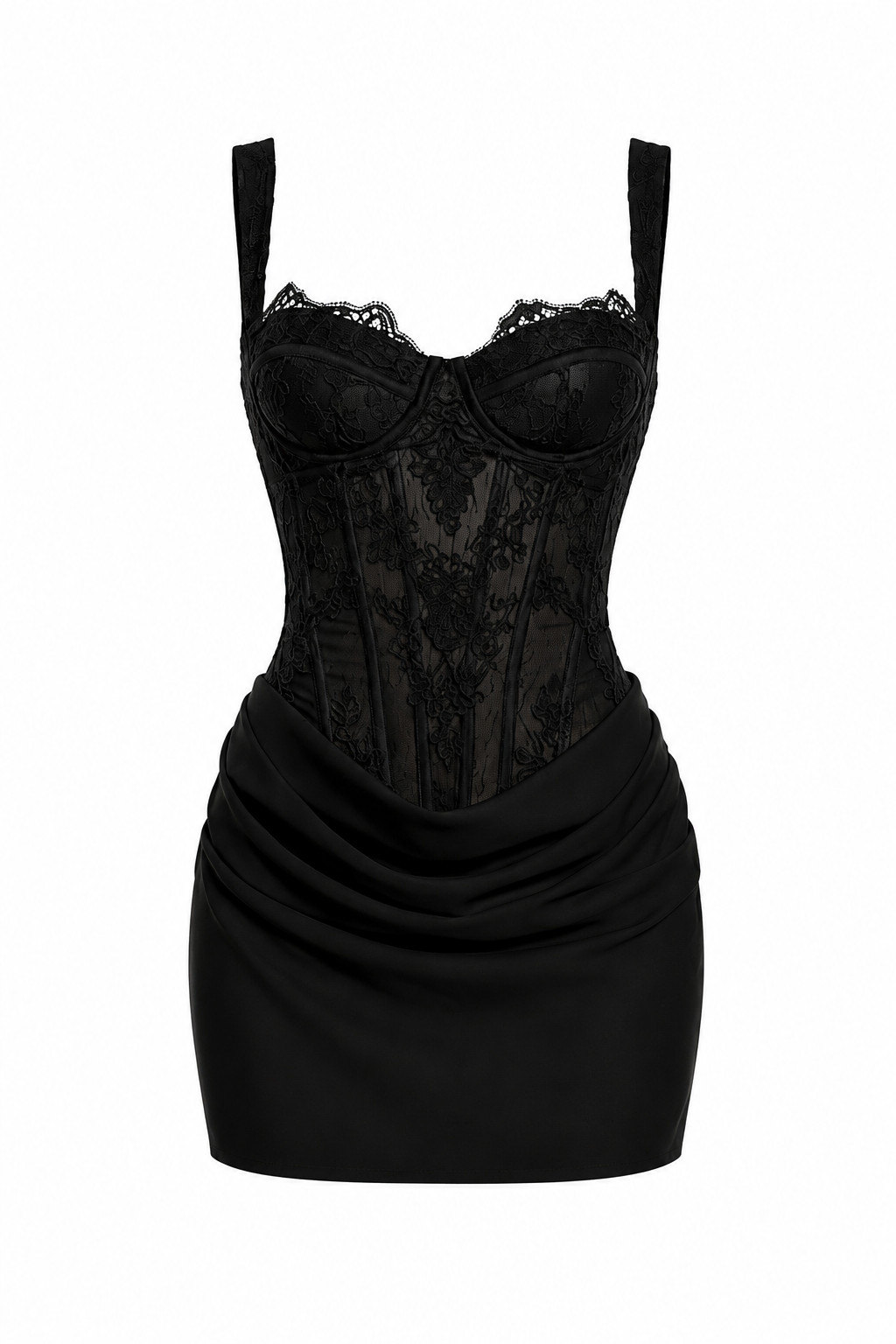 Black Ruched Mini Dress with Lace Corset