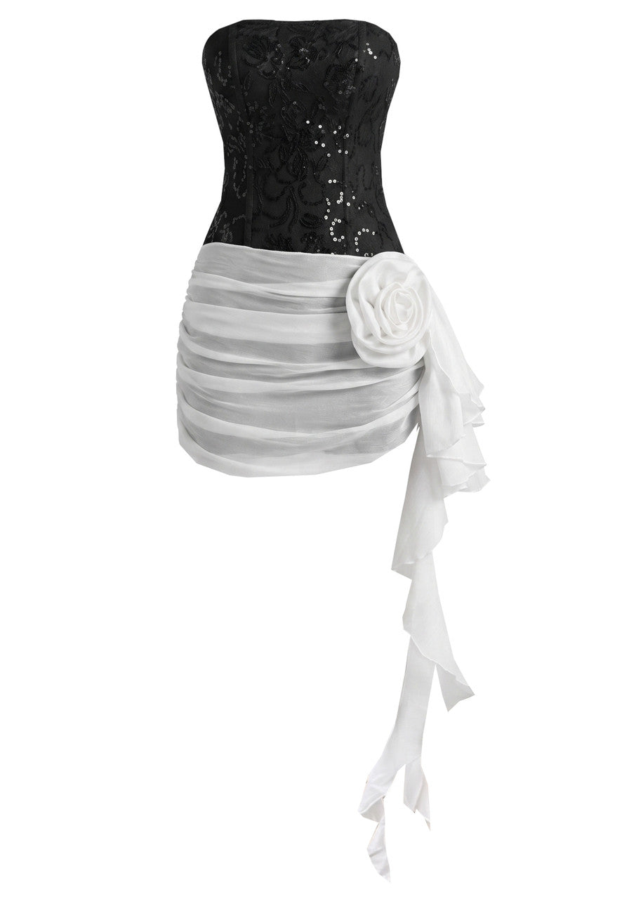 Strapless Floral Ruffle Detail Corset Dress Black White