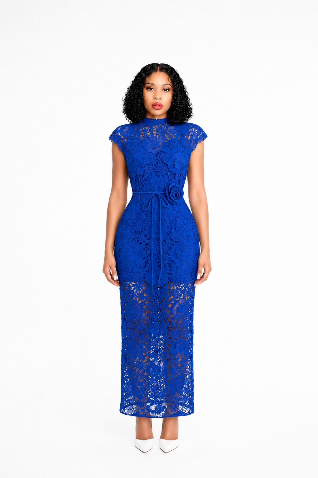 Floral Detail Crochet Maxi Dress Blue