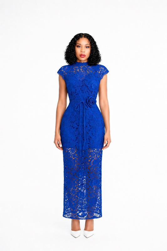 Floral Detail Crochet Maxi Dress Blue