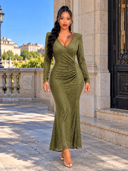 Long Sleeve Embellished A Line Midi Dress Green