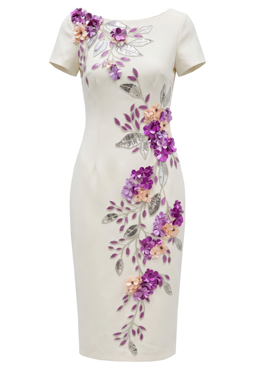 Short Sleeve FLoral Embellished Midi Dress Ivory Purple