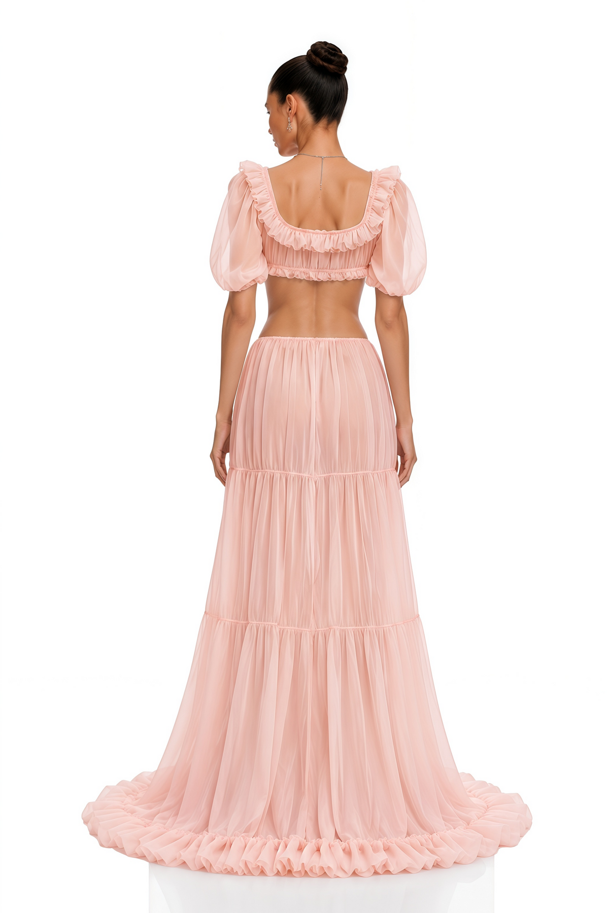 Pink Puff Sleeves Crop Top & Ruffled Skirt Set