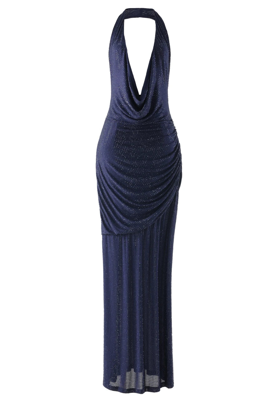 Halter Embellished Backless Maxi Dress Navy Blue