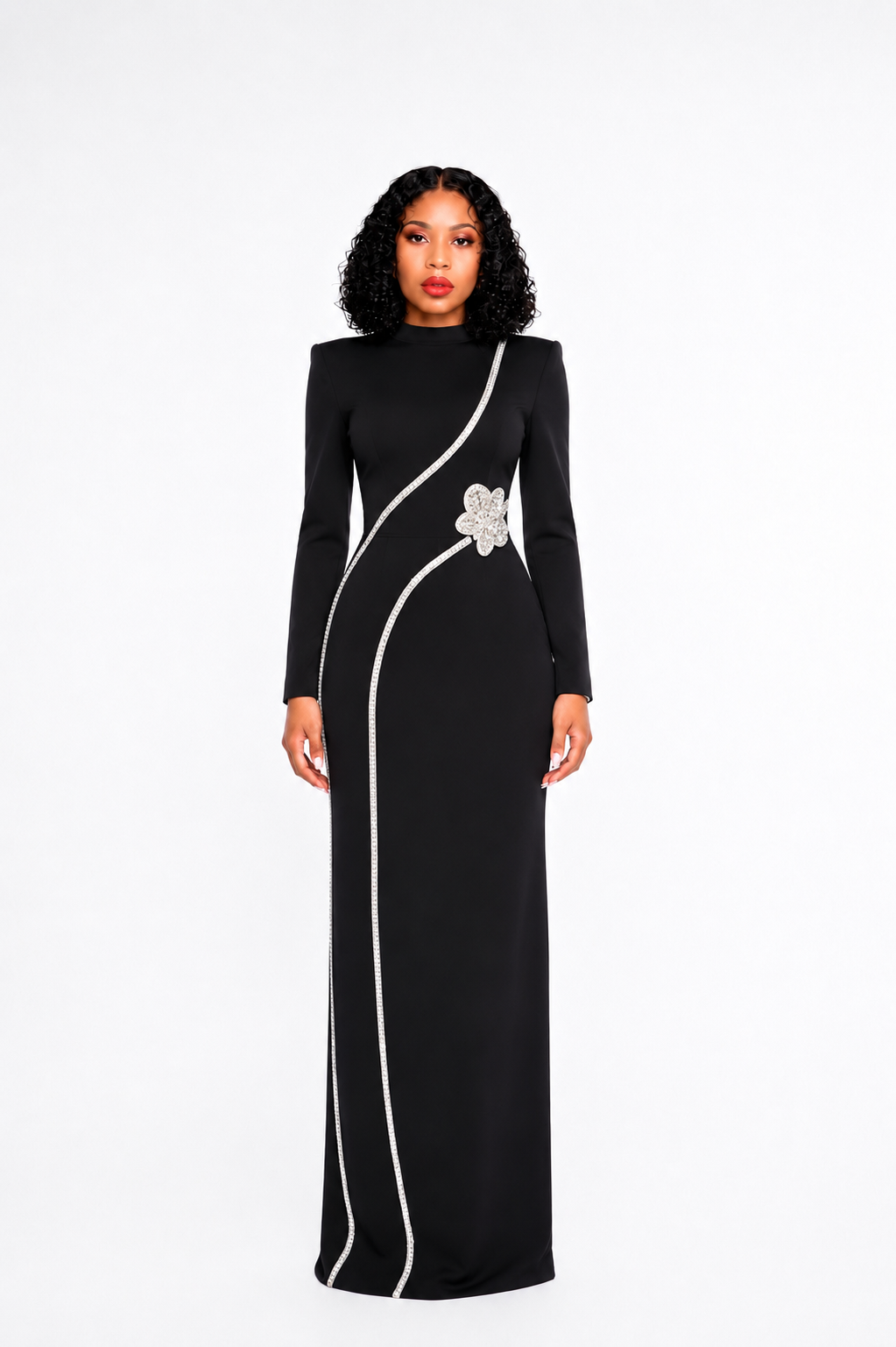 Long Sleeve Crystal Flower Maxi Dress Black