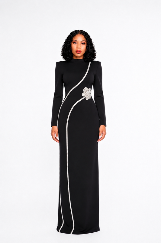 Long Sleeve Crystal Flower Maxi Dress Black