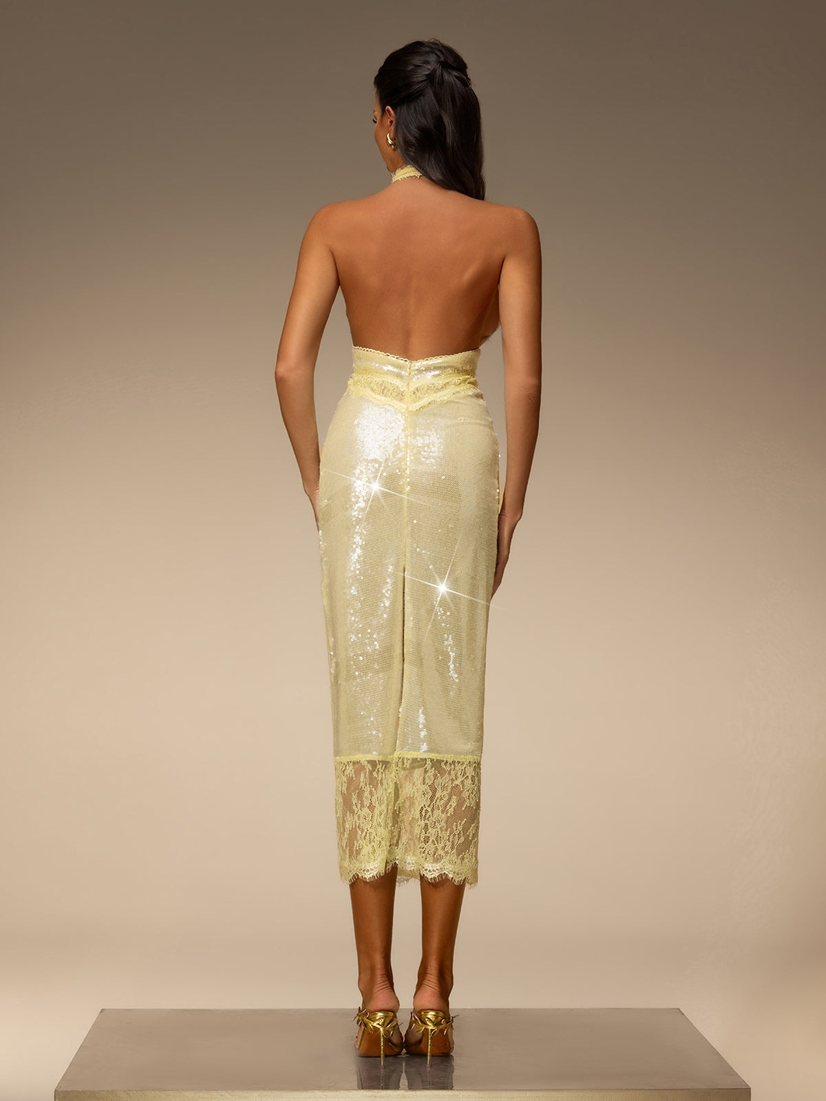 Halterneck Lace Sequin Midi Dress In Beige