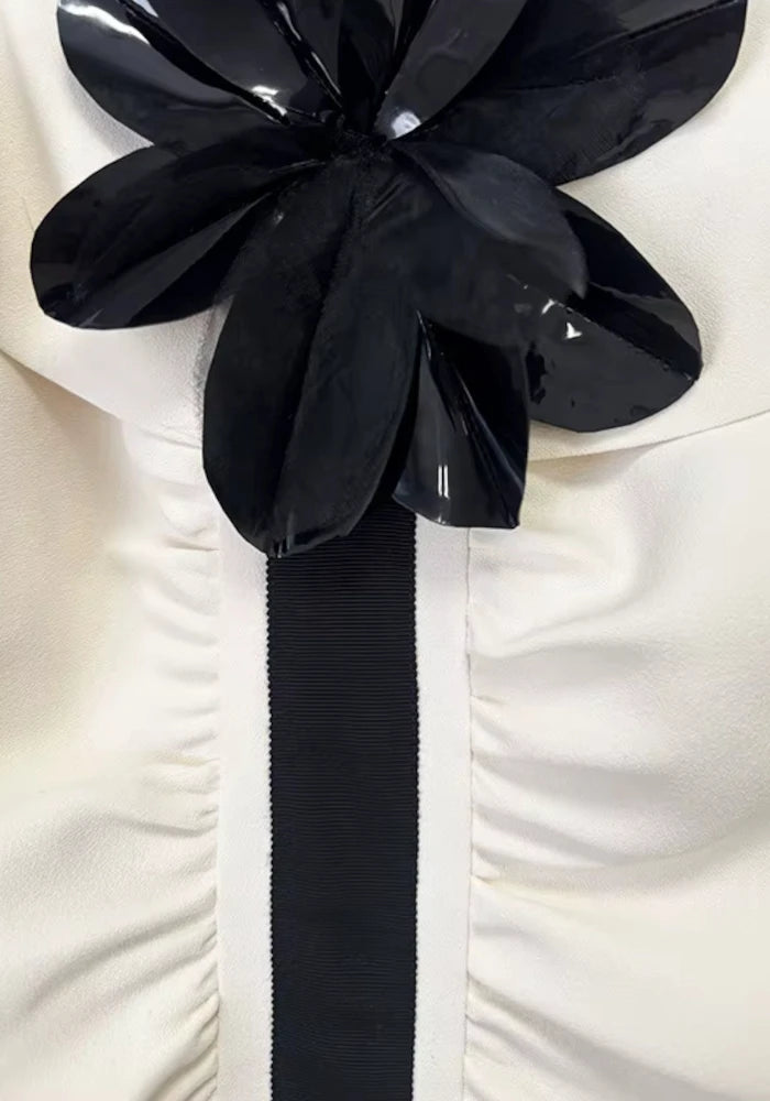 Long Sleeve Floral Detail Bardot Maxi Dress Ivory Black