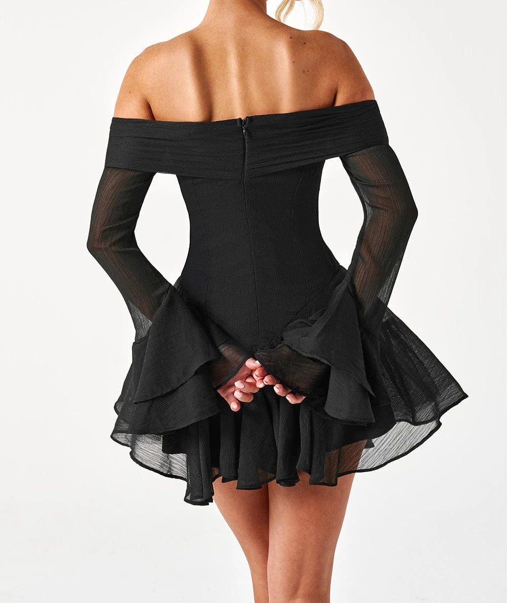 Long Sleeve Bardot A Line Dress Black