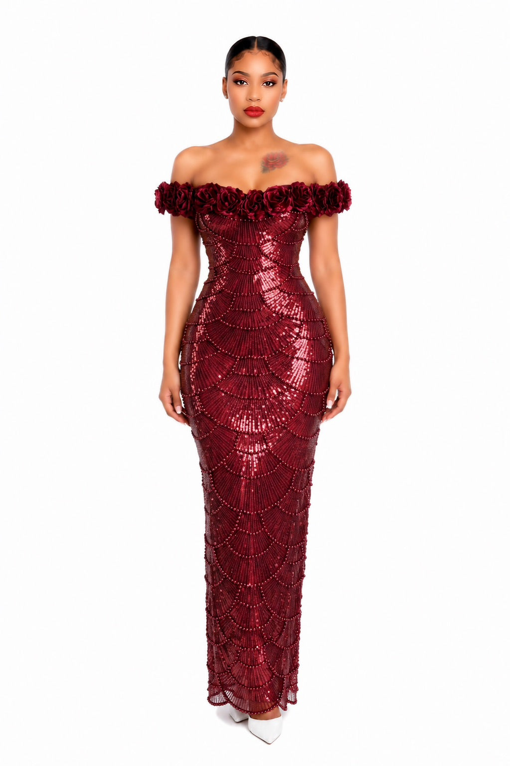 Floral Bardot Sequin Maxi Dress Burgundy