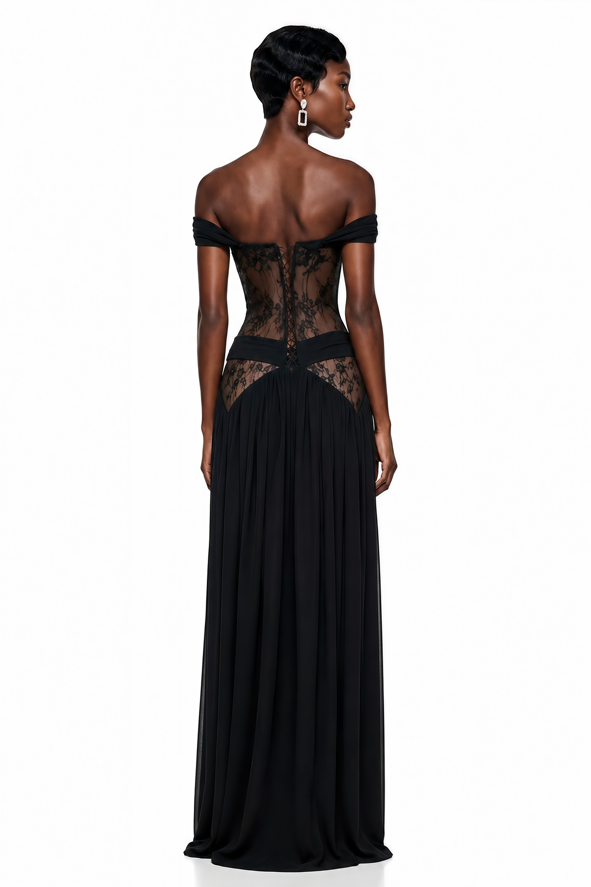 Dildar Black Cross Front Maxi Dress with Lace Panels