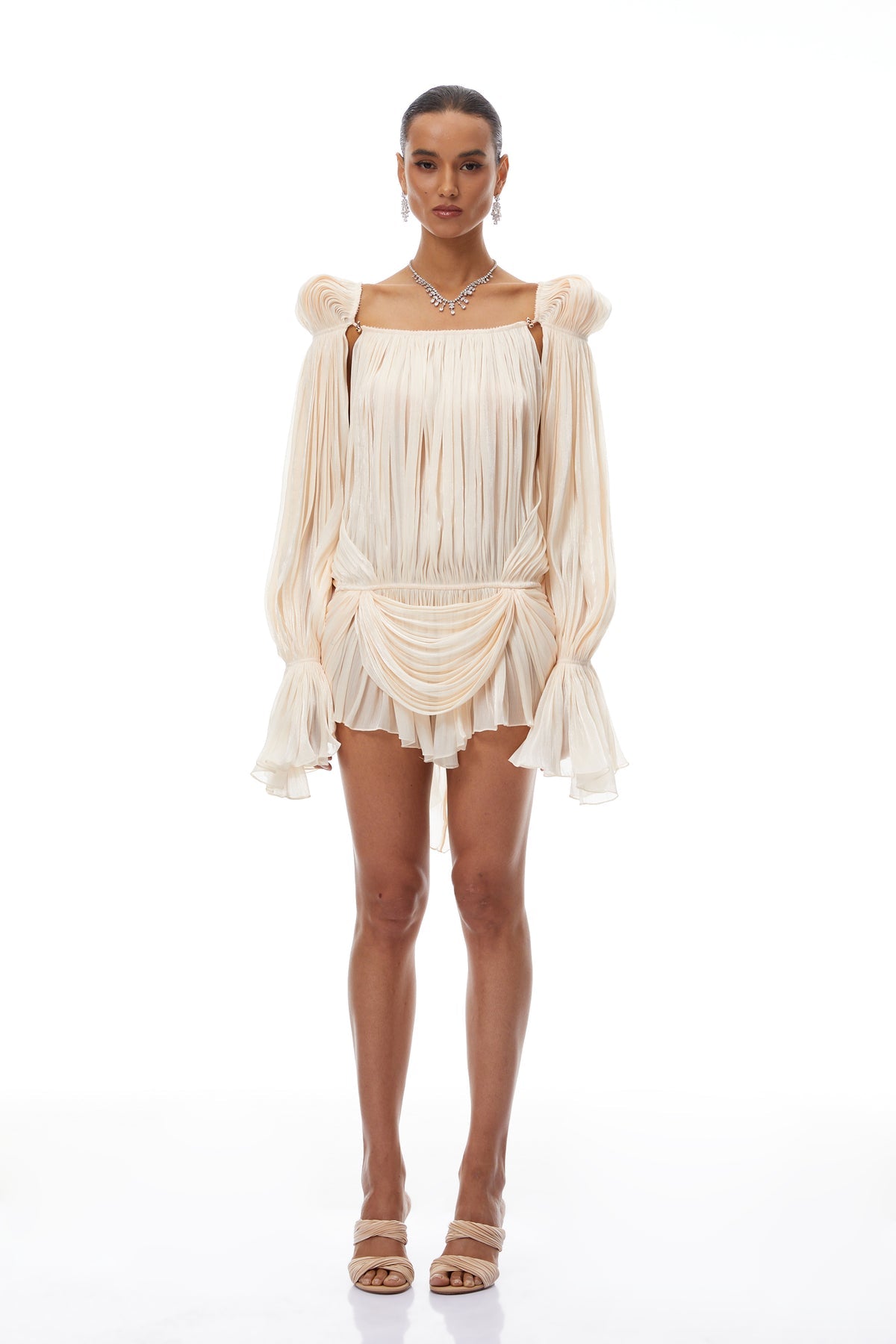 Neutrals Pleated Ruffled Mini Dress