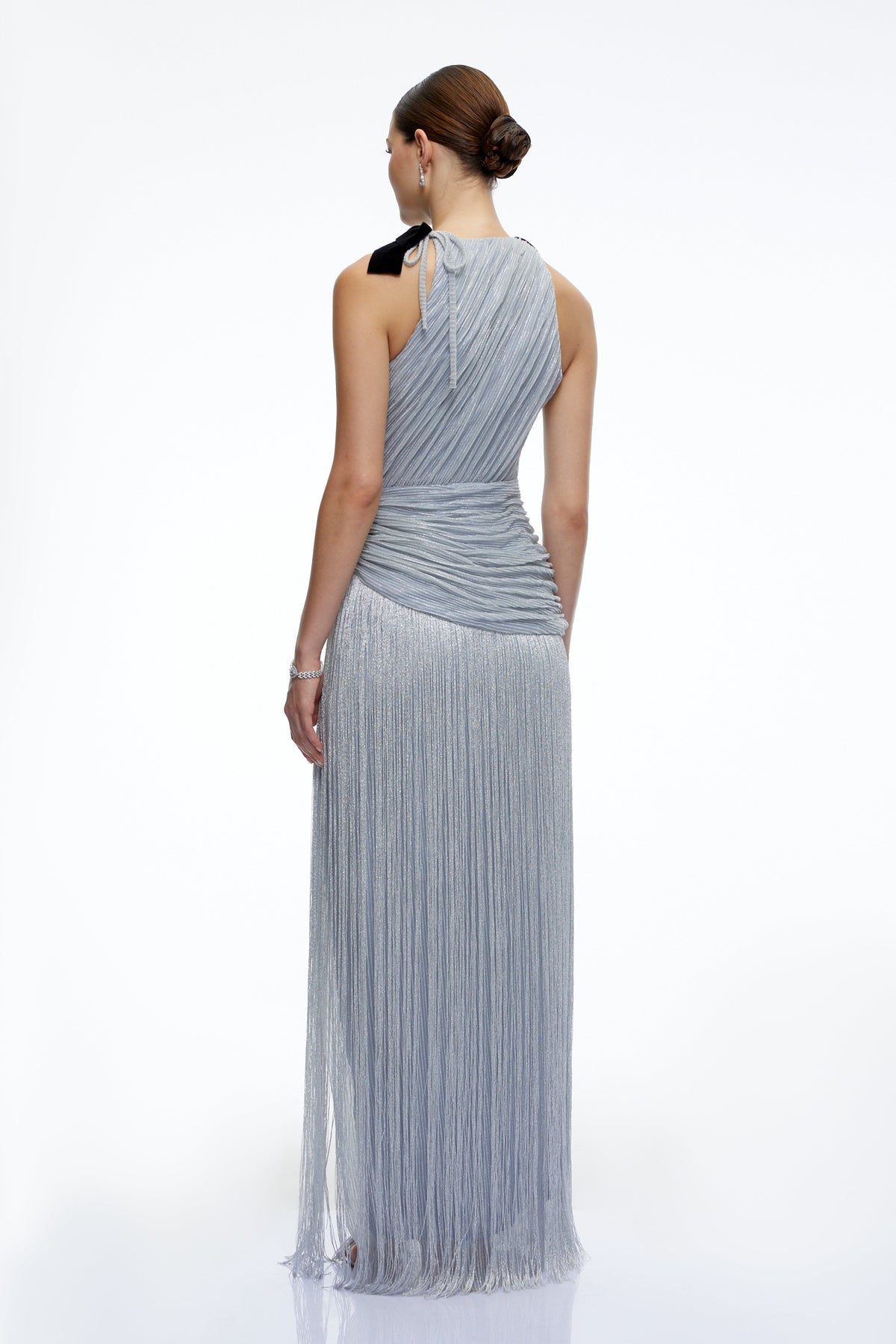 Silver Fringe Maxi Dress with Bow