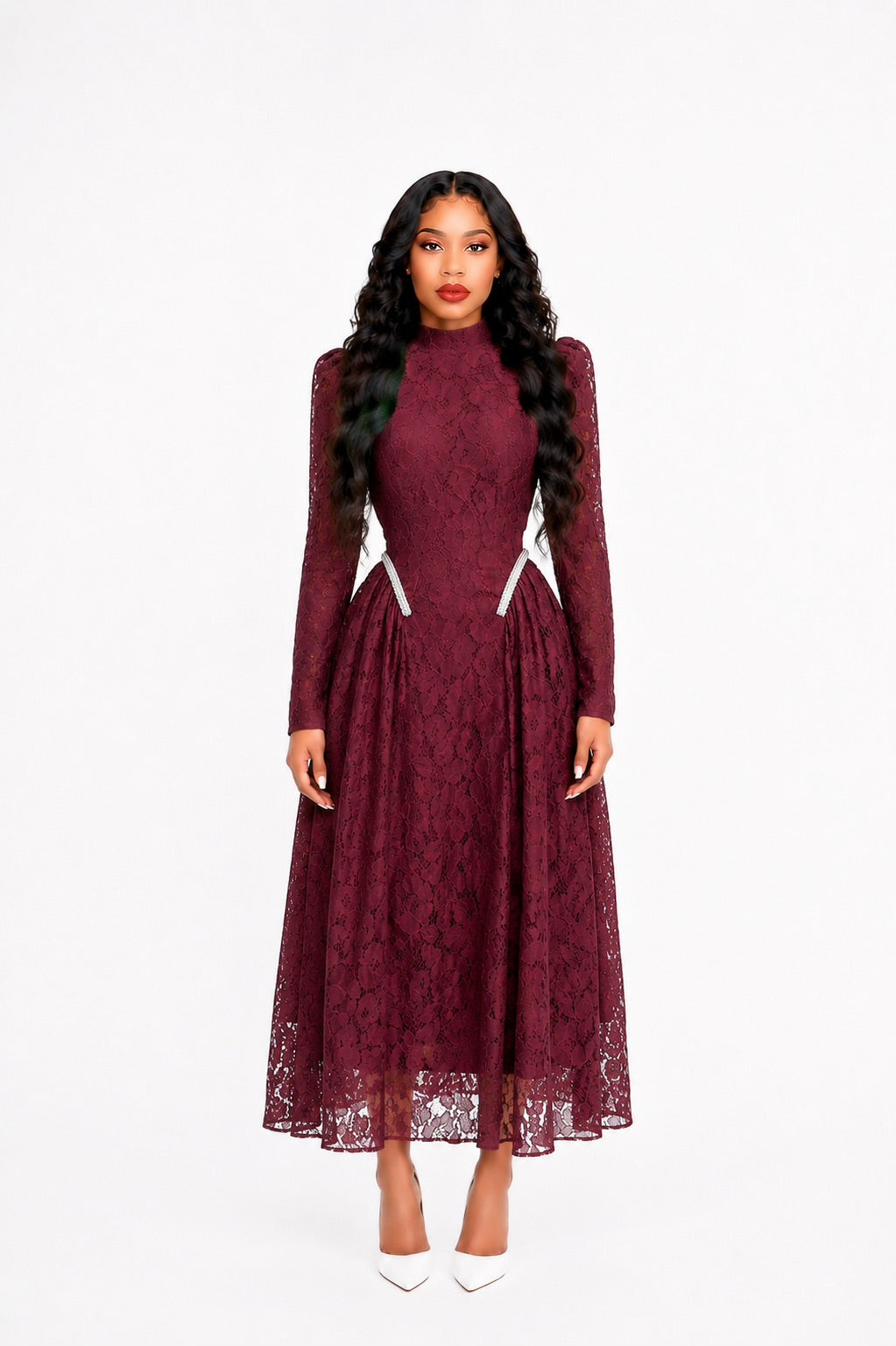 Long Sleeve Crystal Detail A Line Lace Maxi Dress Burgundy