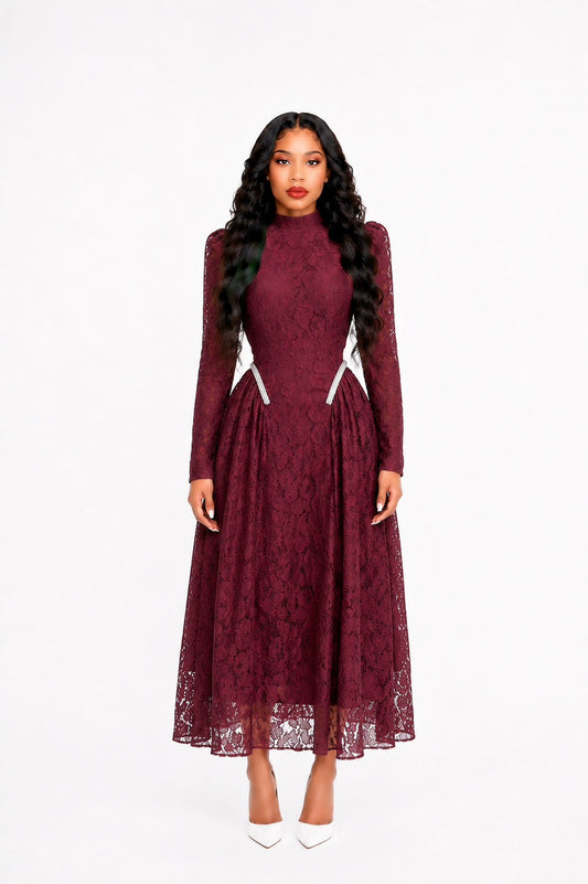 Long Sleeve Crystal Detail A Line Lace Maxi Dress Burgundy