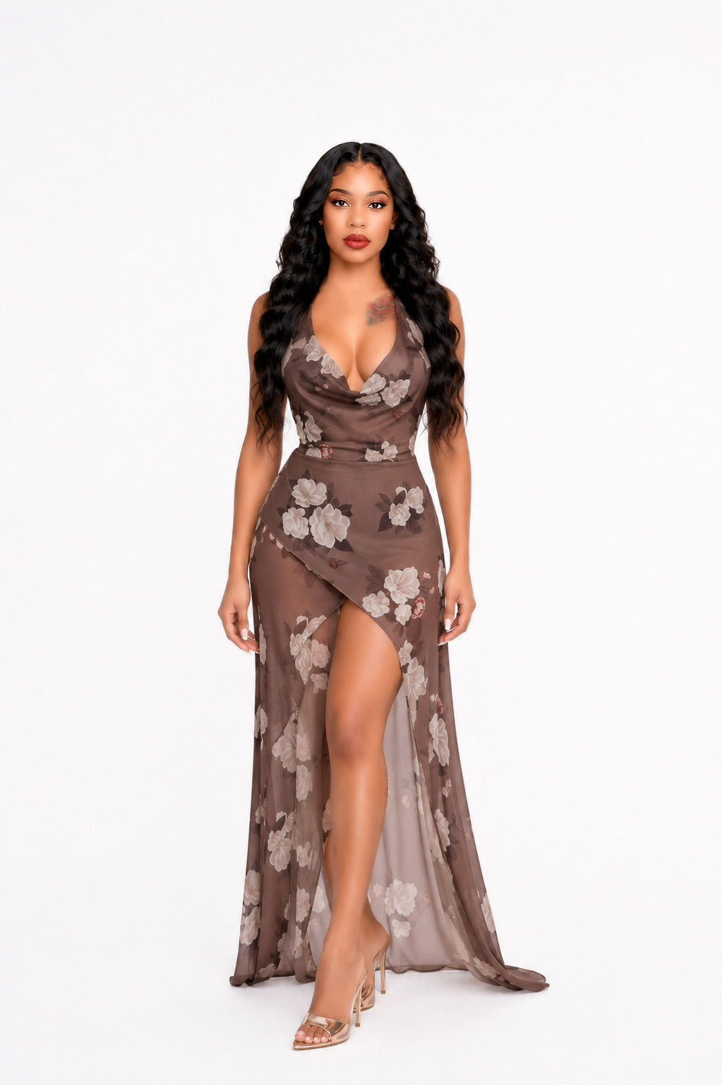 Halter Floral Maxi Dress Brown