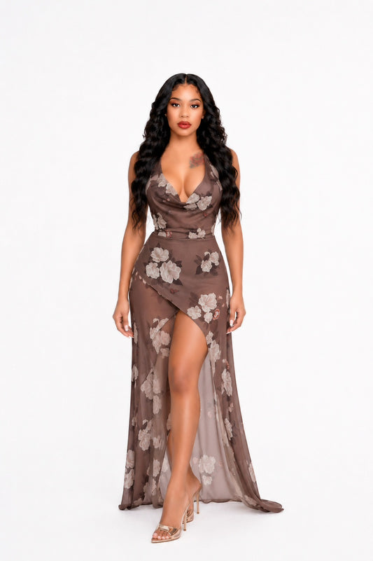Halter Floral Maxi Dress Brown