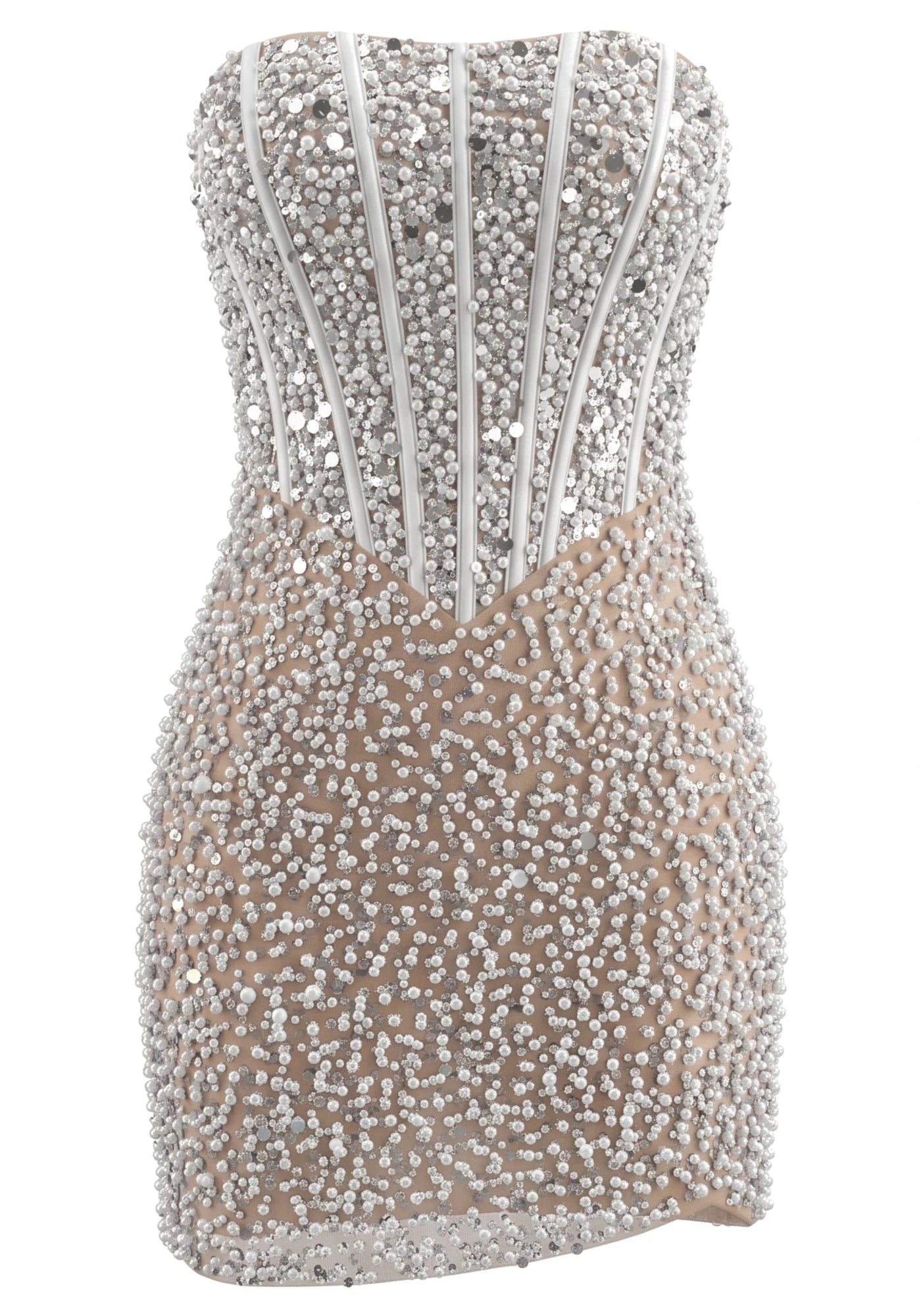 Strapless Structured Pearl Sequin Dress White