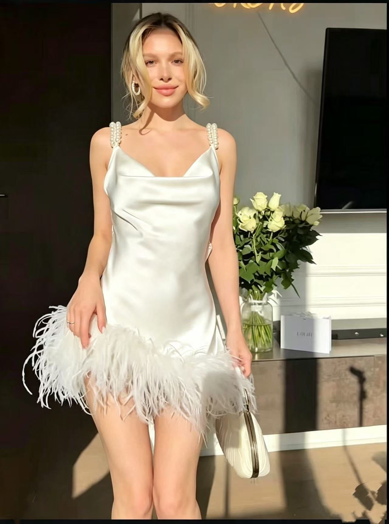 Feathered Pearl Mini Dress