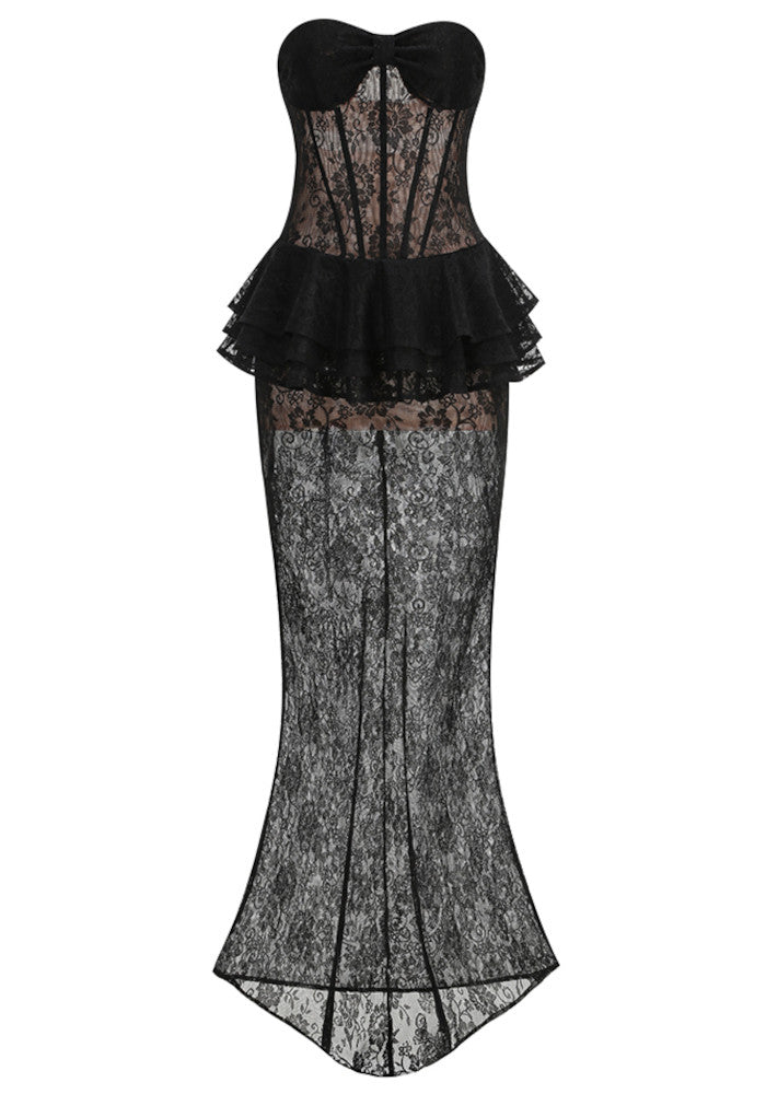 Strapless Lace Bustier Peplum Maxi Dress Black