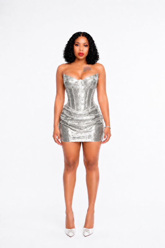 Strapless Bustier Sequin Dress Silver