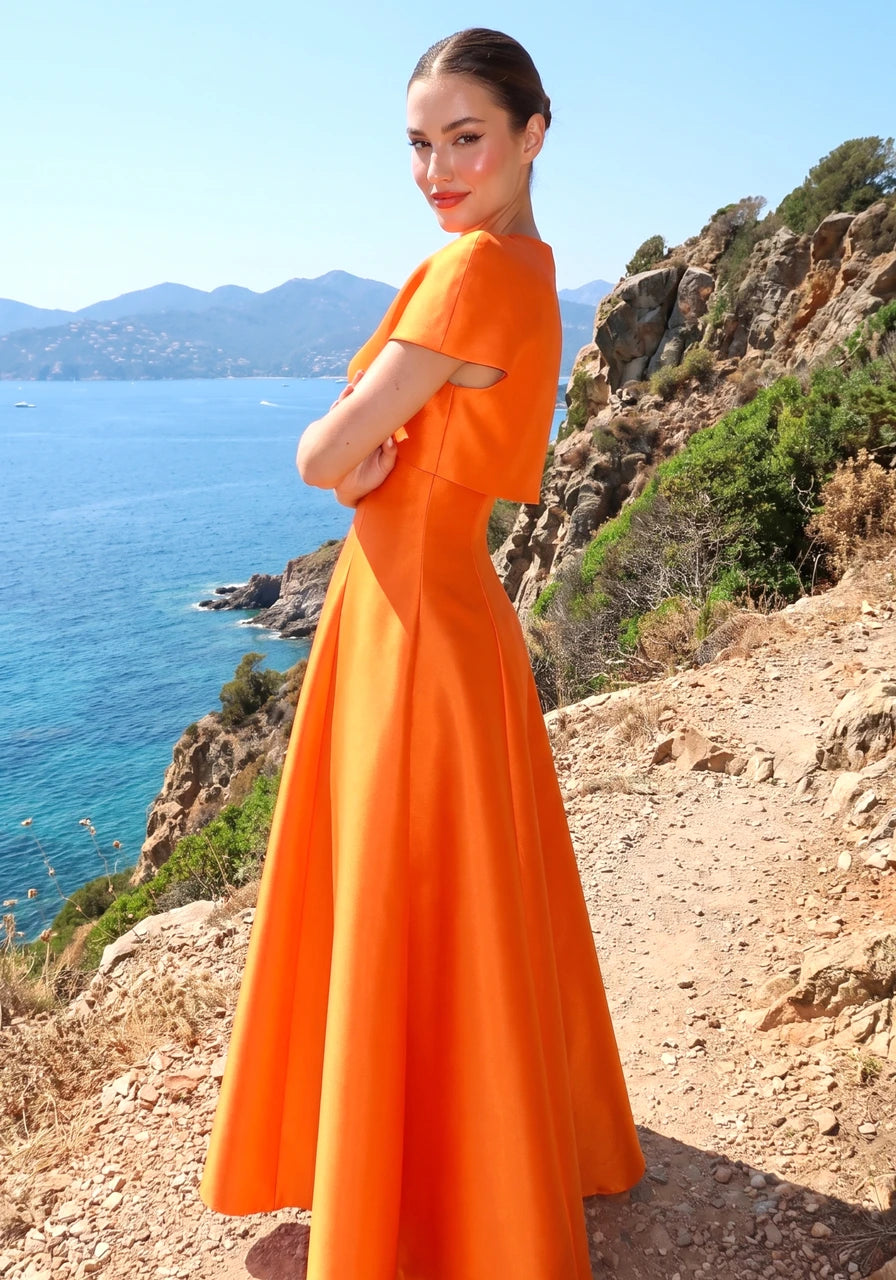 Short Sleeve A Line Maxi Dress Orange