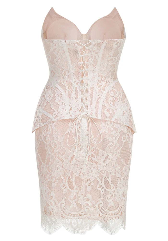 Strapless Lace Corset Two Piece Dress White