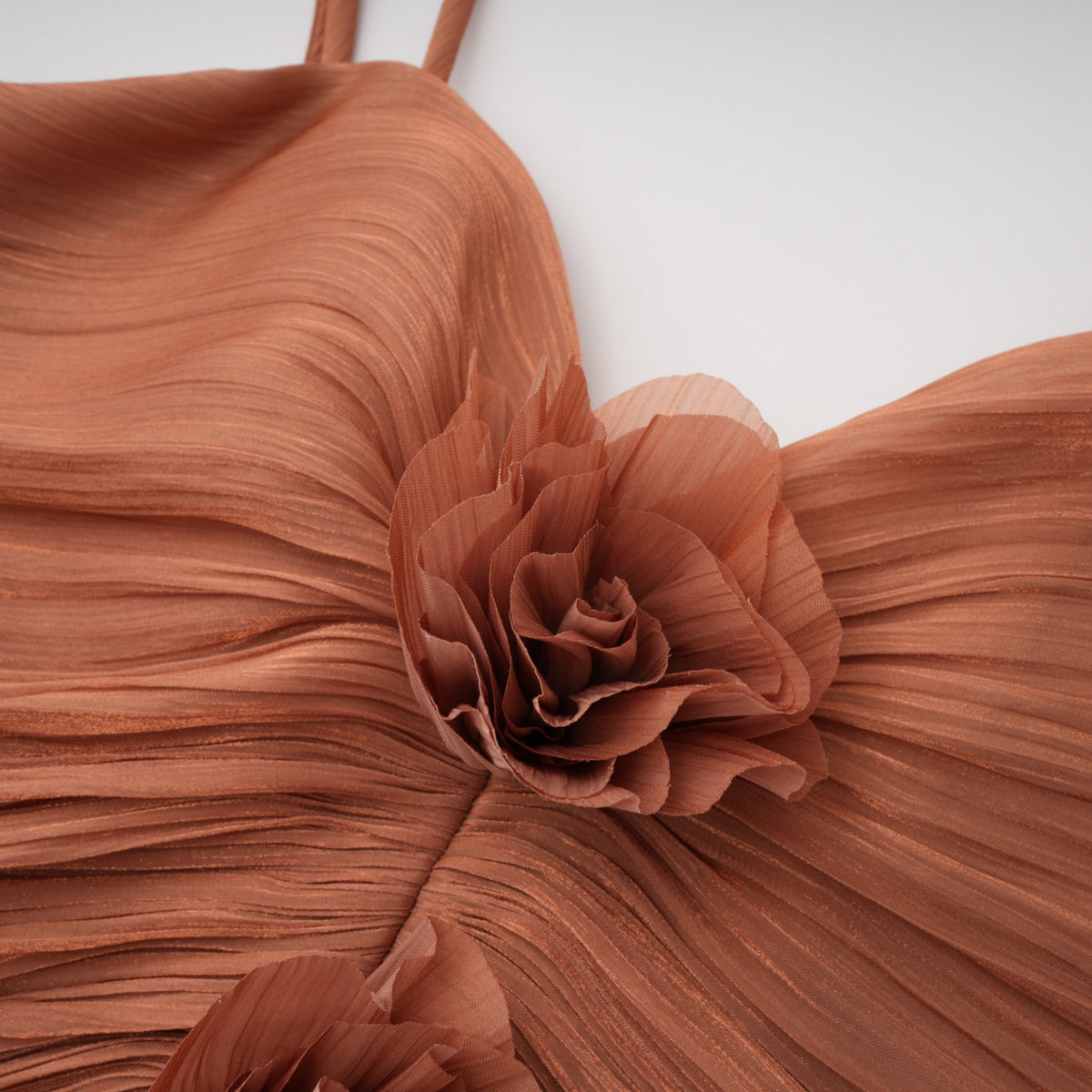 Camel Ruched Maxi Dress with 3D Florals