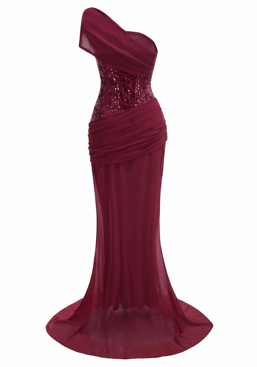Draped One Shoulder Sequin Corset Maxi Dress Burgundy