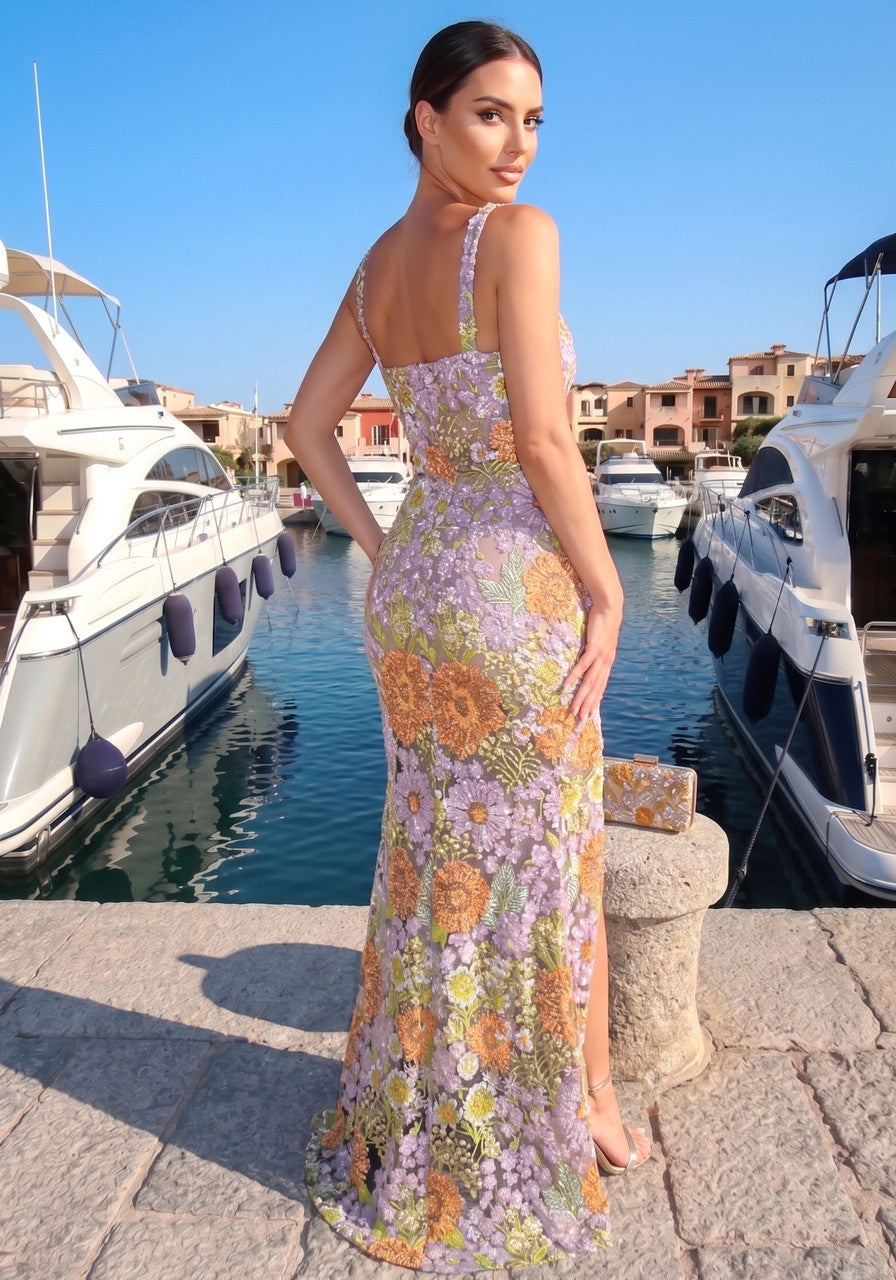 Floral Embroidered Maxi Dress Purple Green Orange