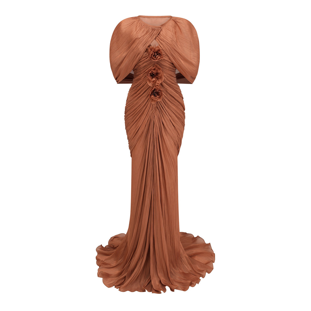 Camel Ruched Maxi Dress with 3D Florals