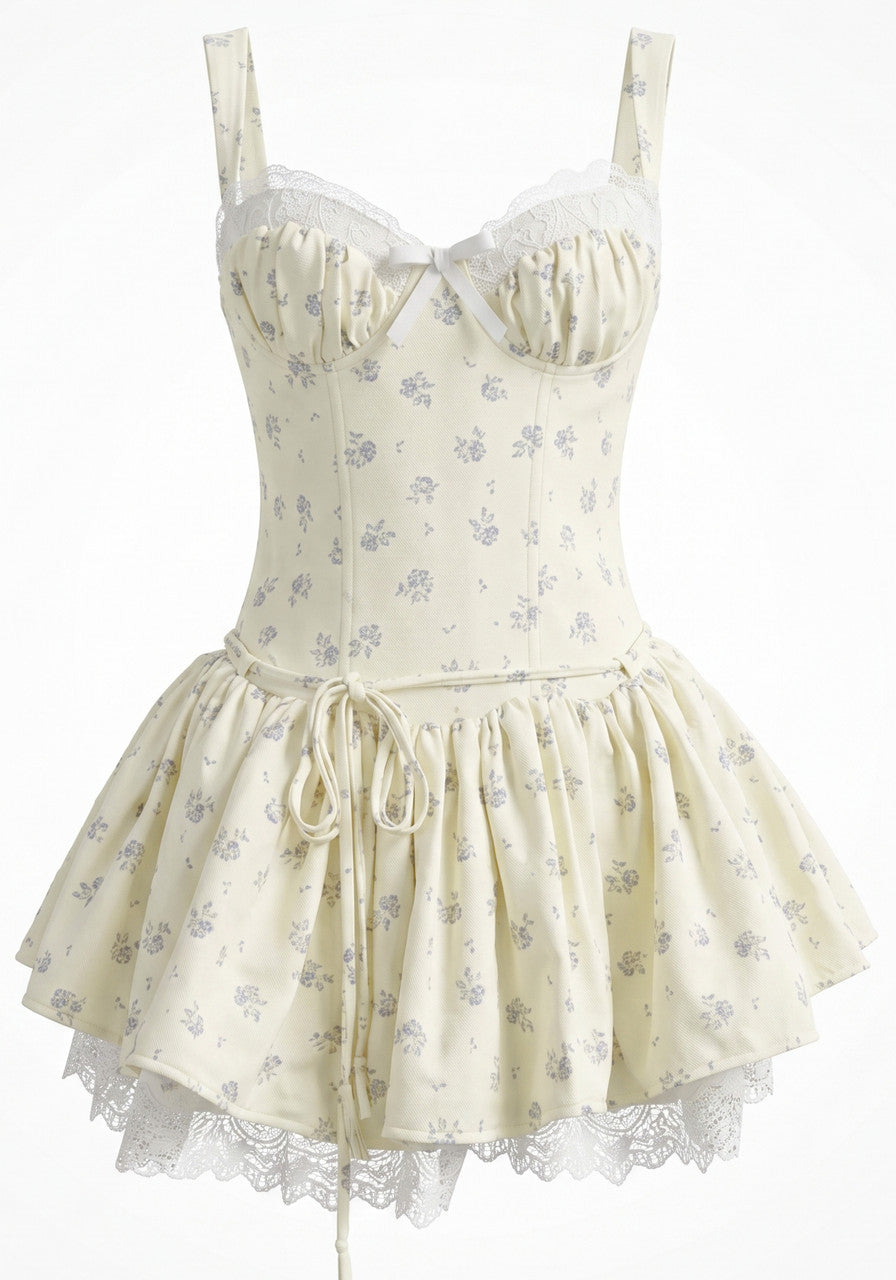 Lace Draped Bustier A Line Dress Floral Yellow