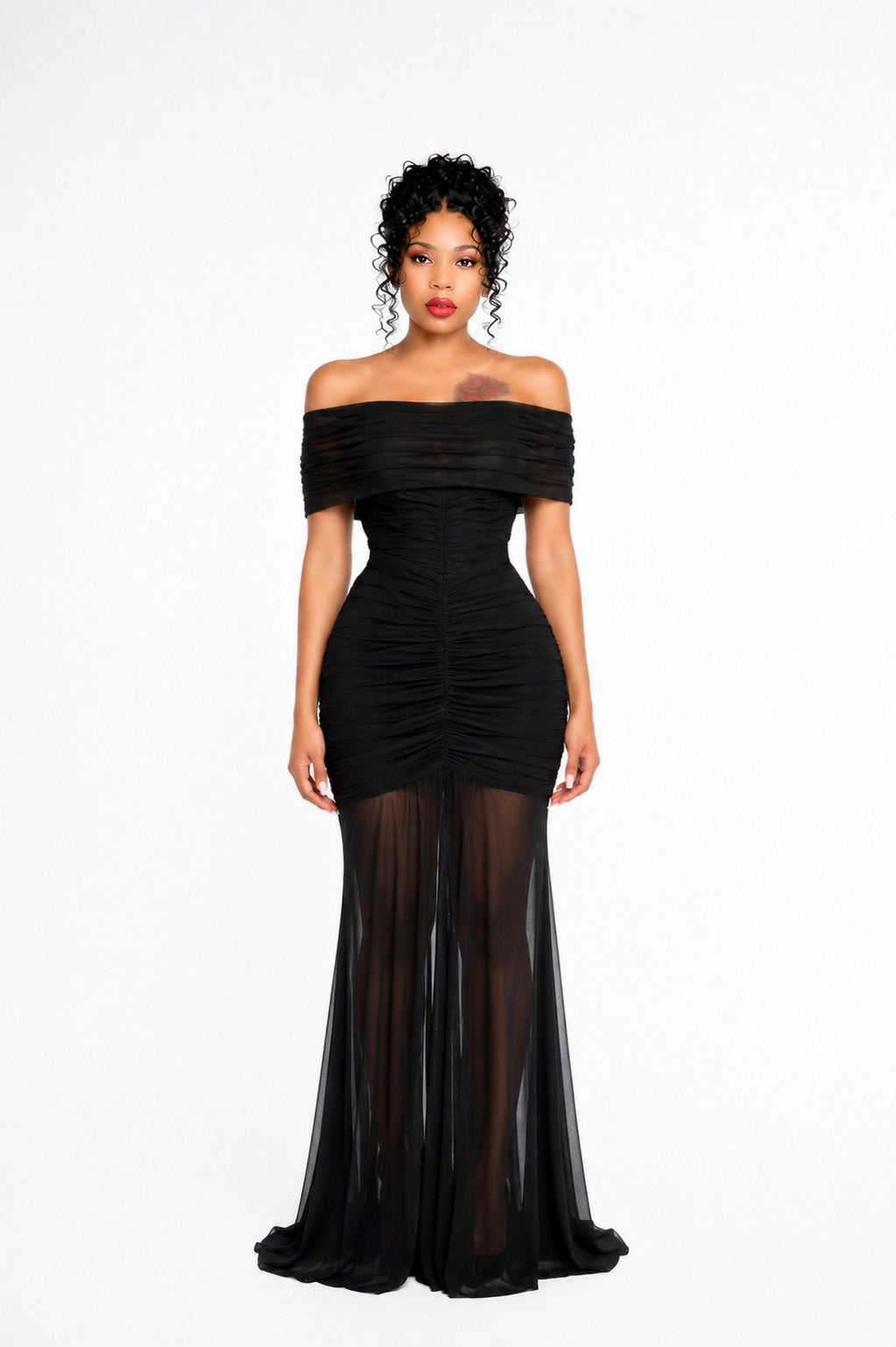 Bardot Ruched Maxi Dress Black